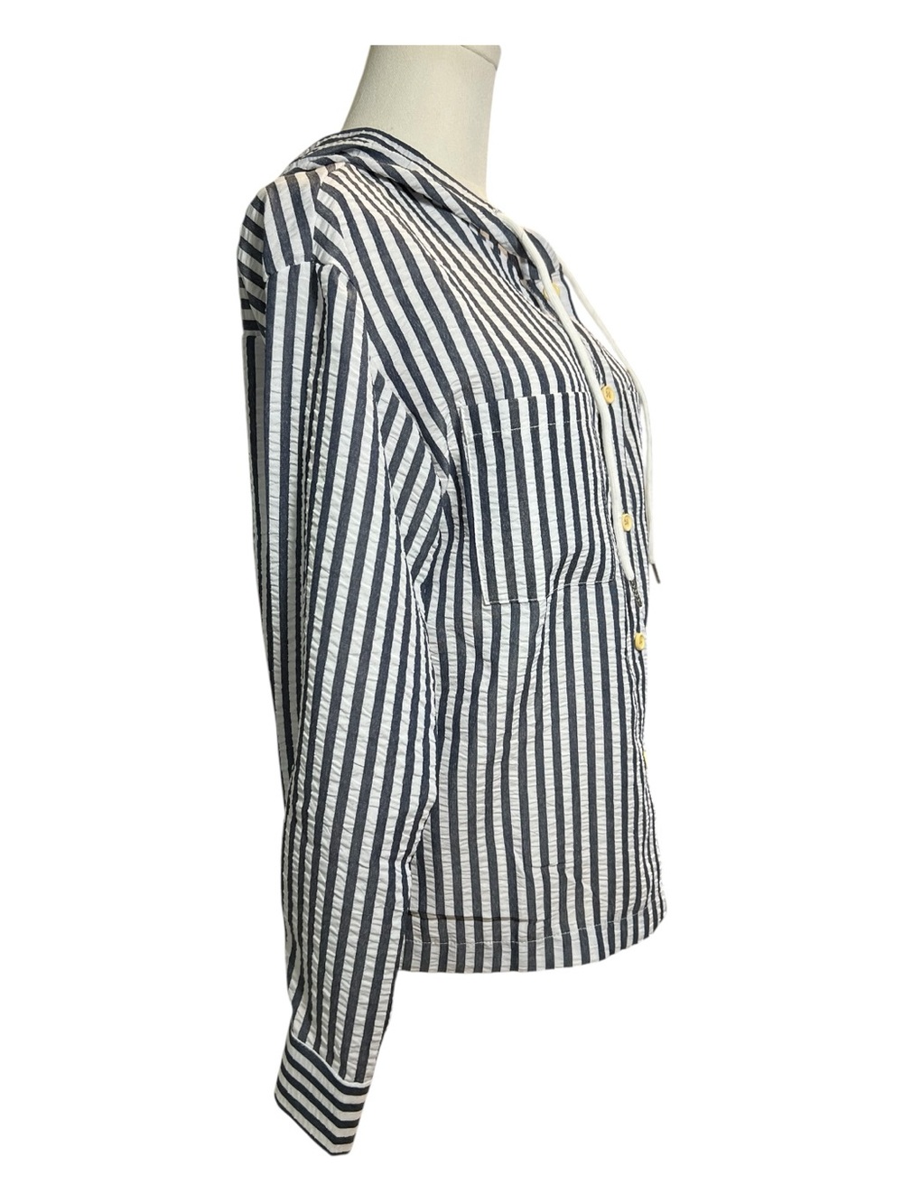 NWOT grayish blue & white striped hooded button-up shirt jacket | size S - Picture 5 of 10